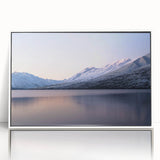 Modern art wall decor featuring a serene Canterbury, New Zealand landscape in pastel shades on a white framed acrylic.