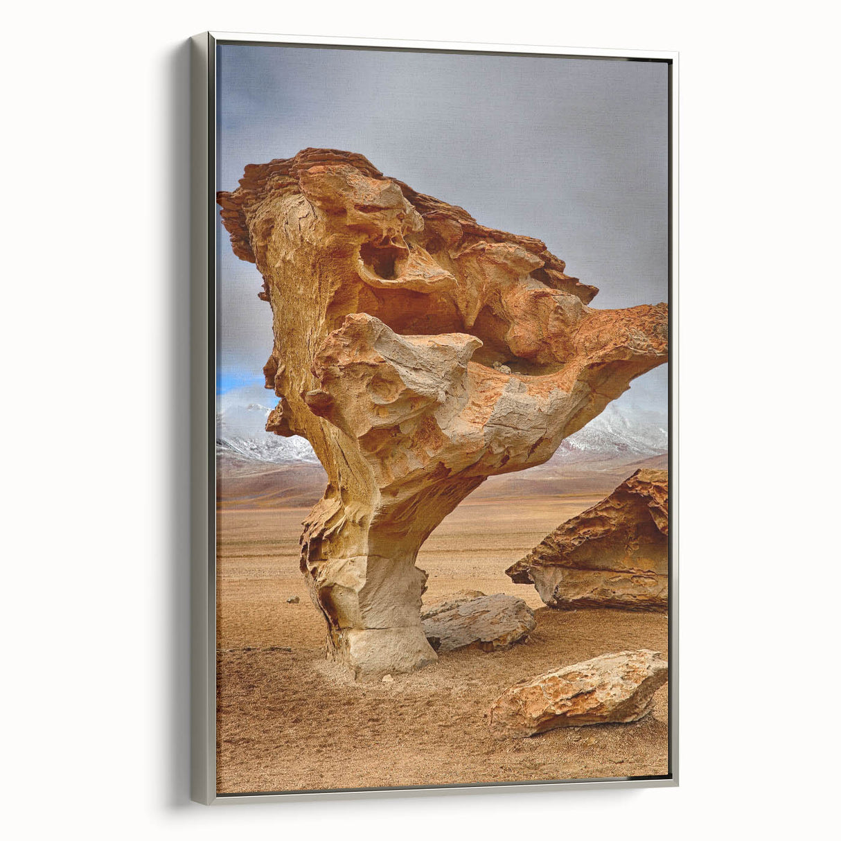 Framed canvas landscape art painting of a Bolivian scenery in vibrant colors, ideal for enhancing a living room's decor.