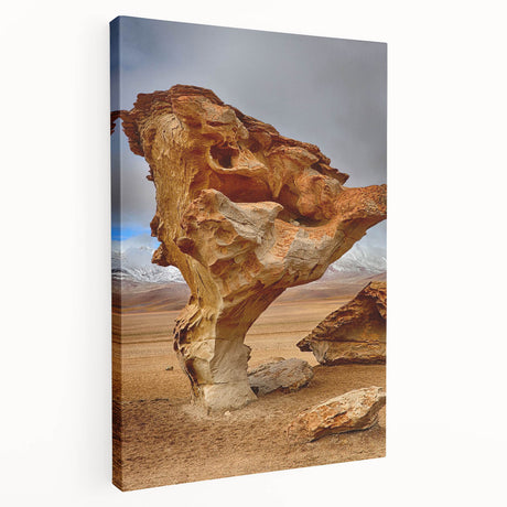Side view of a stretched canvas featuring a serene Bolivian landscape in soft earth tones, suitable for kitchen wall art.