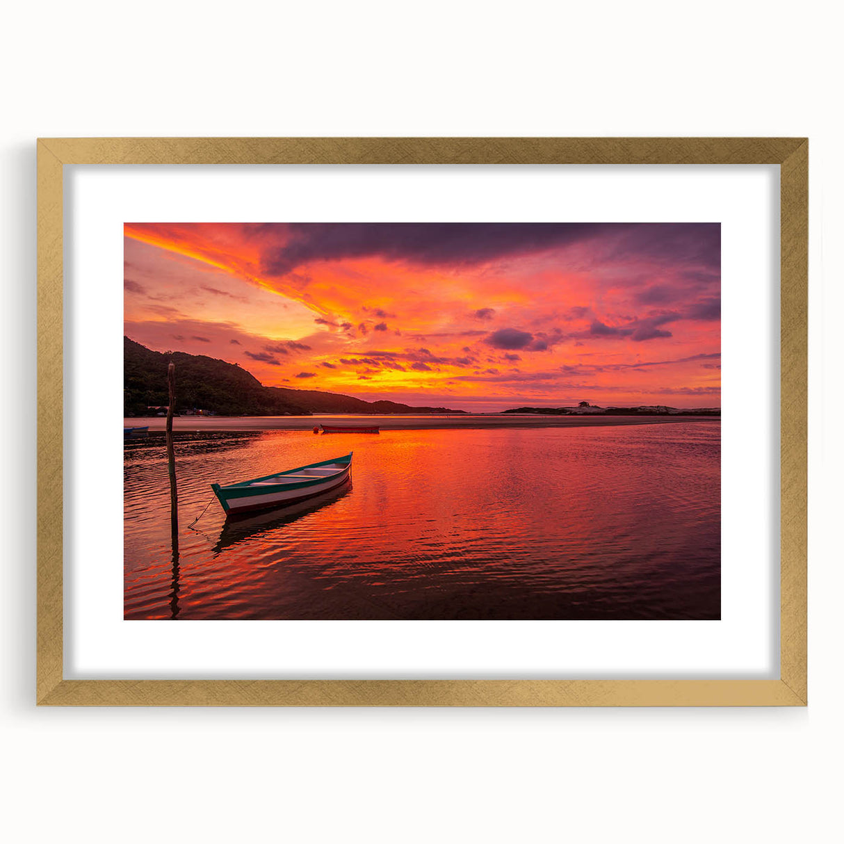Extra large abstract art print of a textured Brazilian landscape in muted earth tones, framed in gold.