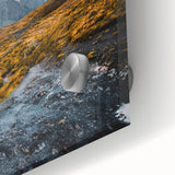 Large abstract wall art depicting Chilean scenery in muted earth tones on acrylic glass, ideal for dining room ambiance.