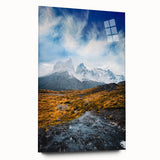 Large abstract wall art of a Chilean landscape, rendered in muted earth tones on acrylic glass.