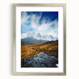 Textured abstract art print of a Chilean landscape in muted earth tones, framed in silver, ideal for bedroom art.