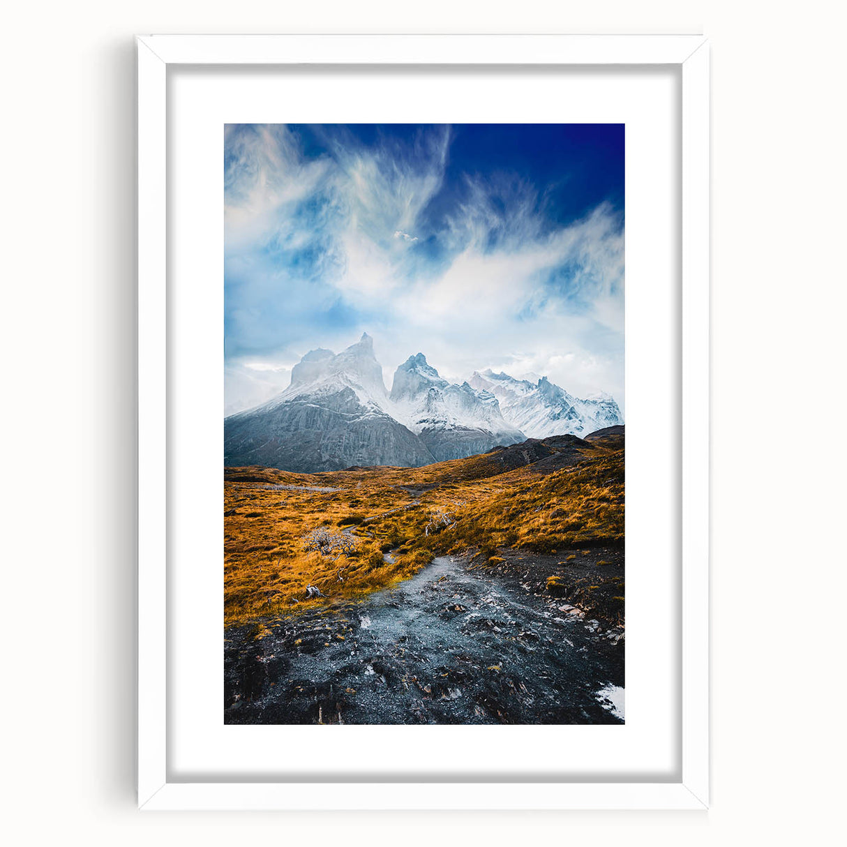 Abstract art print of a Chilean landscape in muted earth tones on a white framed canvas, ideal for dining room decor.