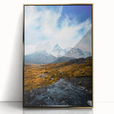 Large art print of a Chilean landscape in muted earth tones on framed acrylic, suitable for modern art wall decor.