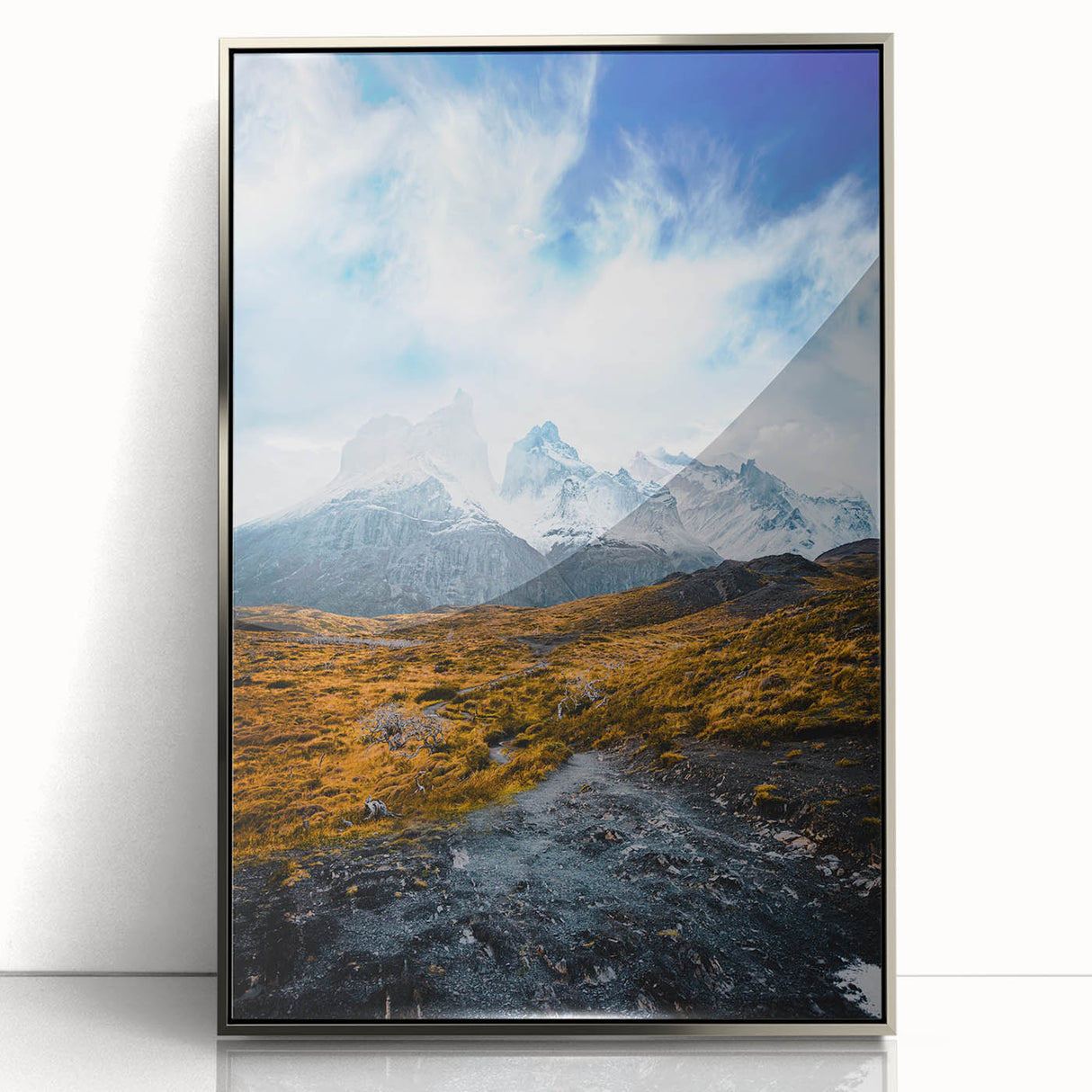 Mid-century modernist art of a Chilean landscape in muted earth tones, framed in silver acrylic.