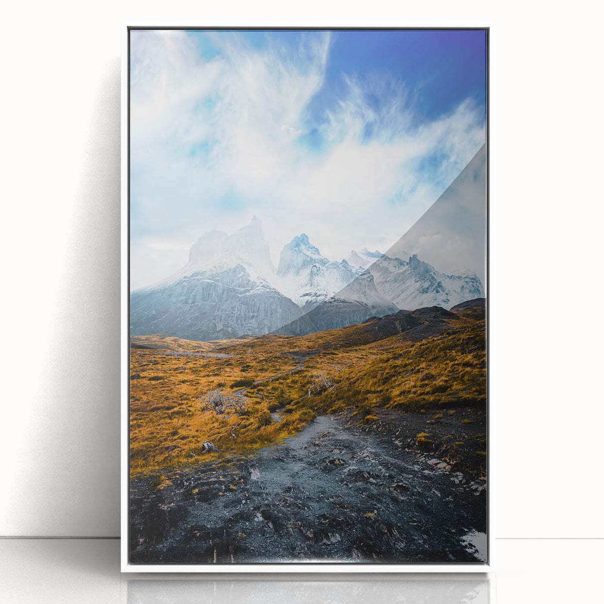 Acrylic print of a South American landscape in art deco style, featuring muted earth tones, ideal for modern art wall decor.