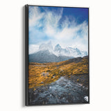 Black and white framed canvas of a Chilean landscape, ideal for bedroom wall art in a vintage poster style.