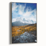 Framed canvas featuring a vintage-style landscape painting of a Chilean scenery in black with colorful accents.