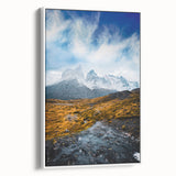 Vintage poster art of a South American scenery in vibrant colors on a framed canvas, ideal for living room decor.