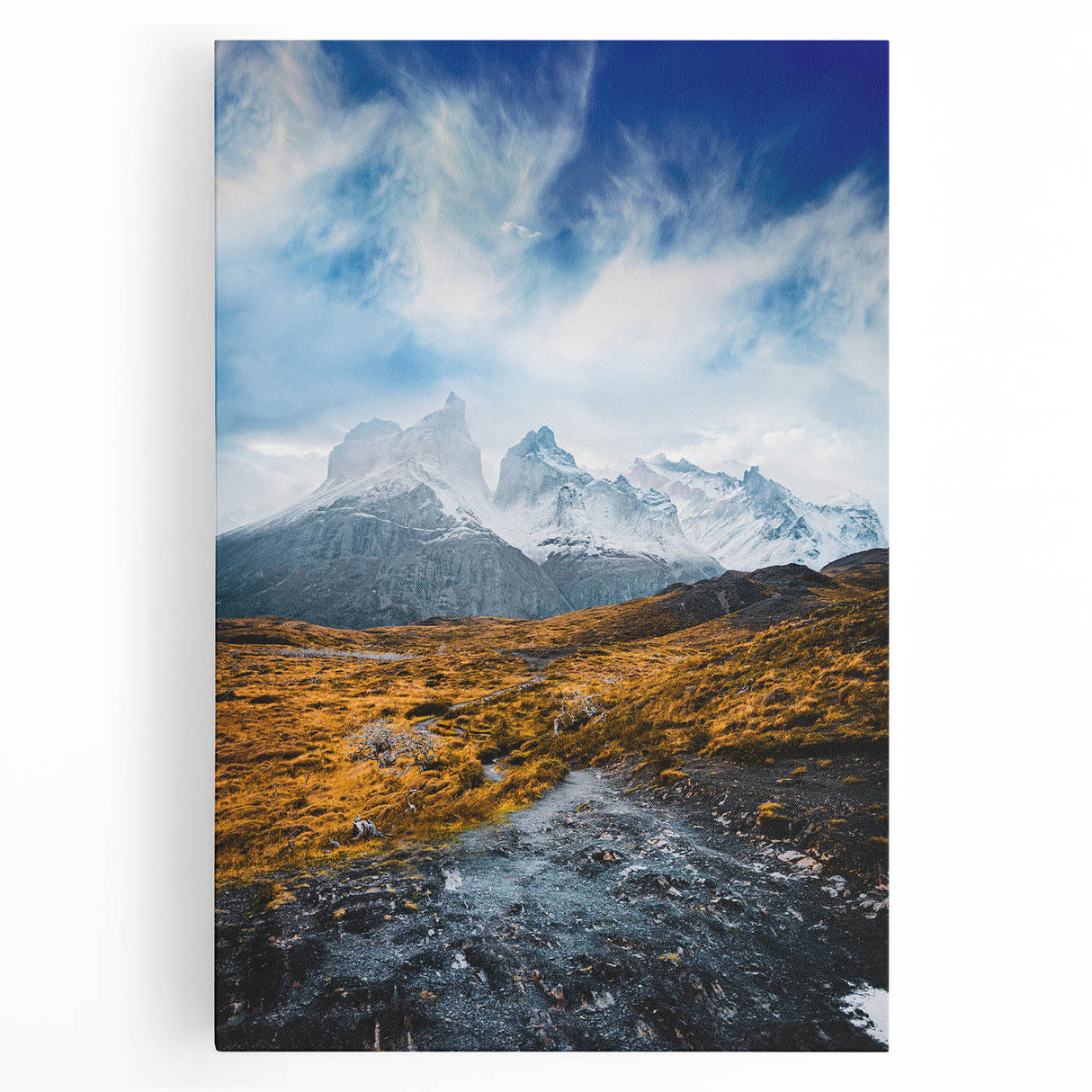 Large black and white stretched canvas of a Chilean landscape, ideal for kitchen wall art.
