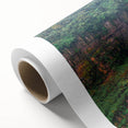 Art deco poster of a Colombian landscape on rolled canvas, featuring vibrant green and blue tones.