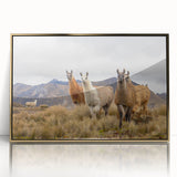 Mid-century modernist style large art print of a South American landscape in muted earth tones, framed in gold acrylic.