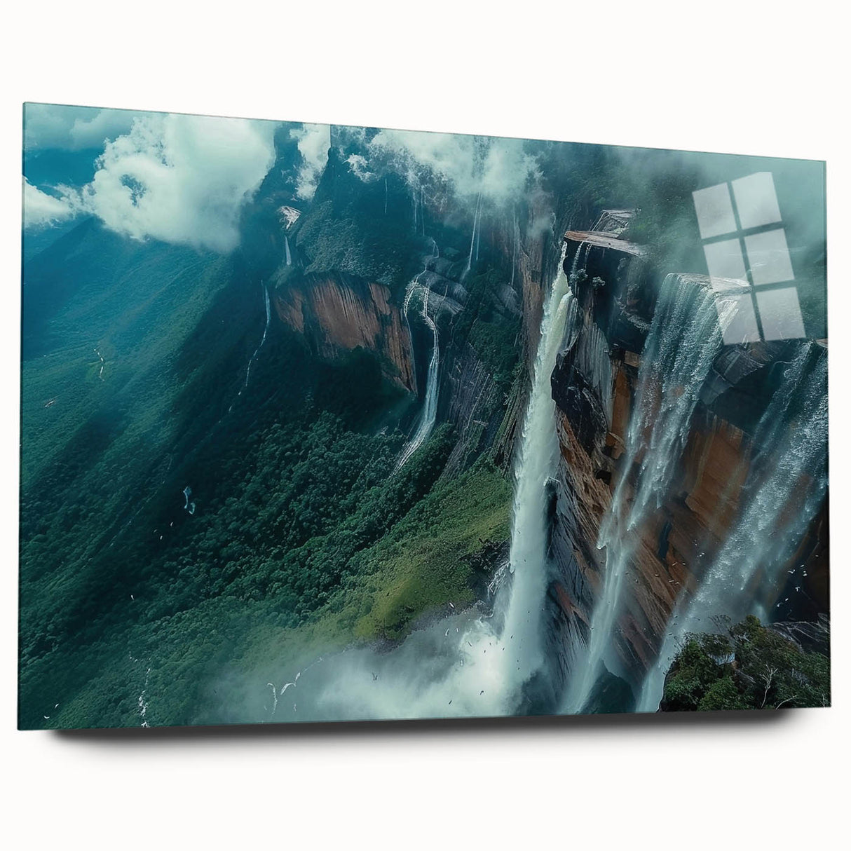 Large abstract wall art of a Venezuelan landscape in vivid blue and green tones, acrylic print.
