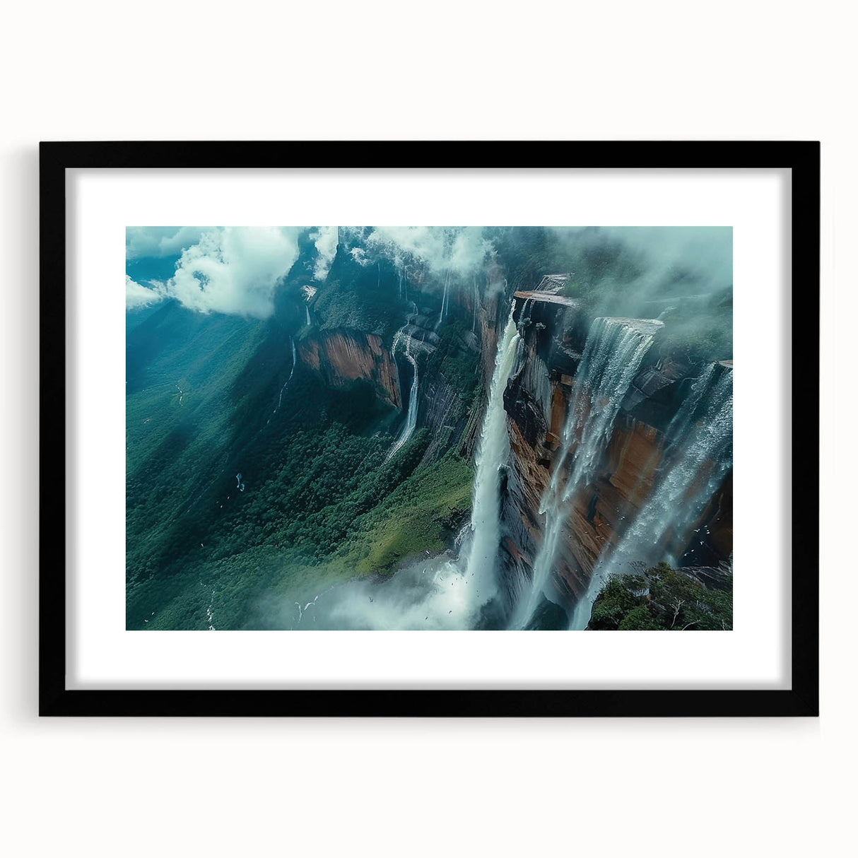 Abstract art print depicting colorful, textured scenery in South America, framed in black, ideal for living room decor.
