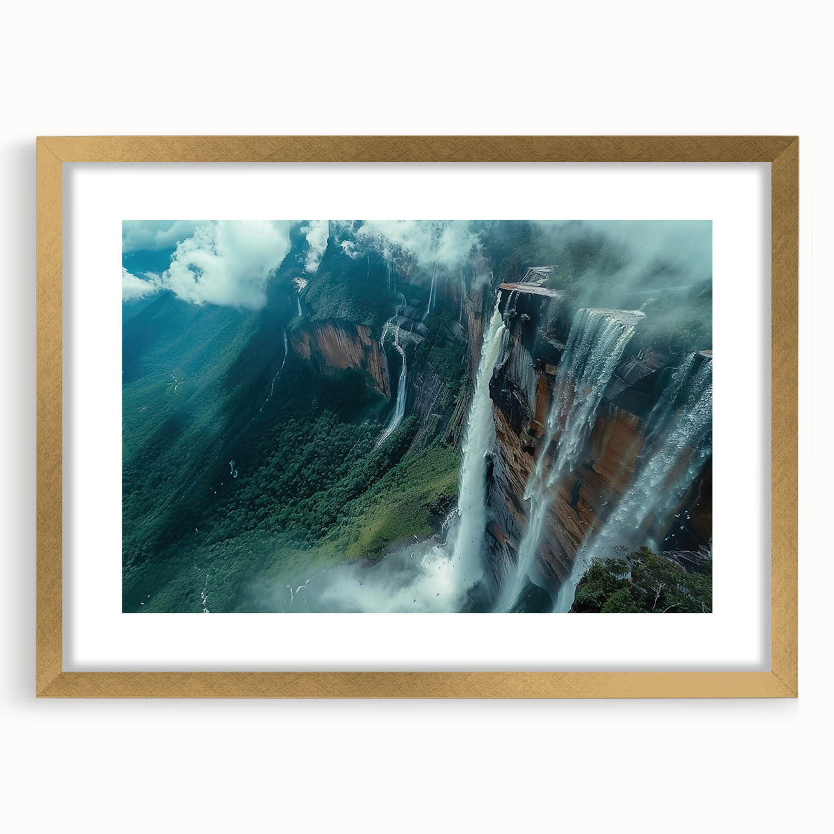 Extra large abstract art print of a Venezuelan landscape, featuring textured golden and green hues on a framed canvas.