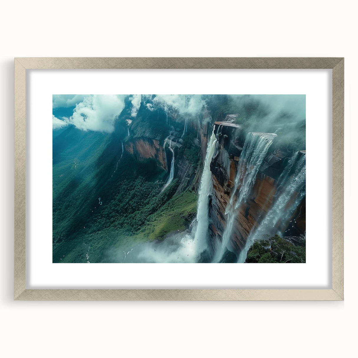 Textured abstract art print of a Venezuelan landscape in silver frame, ideal for bedroom art.