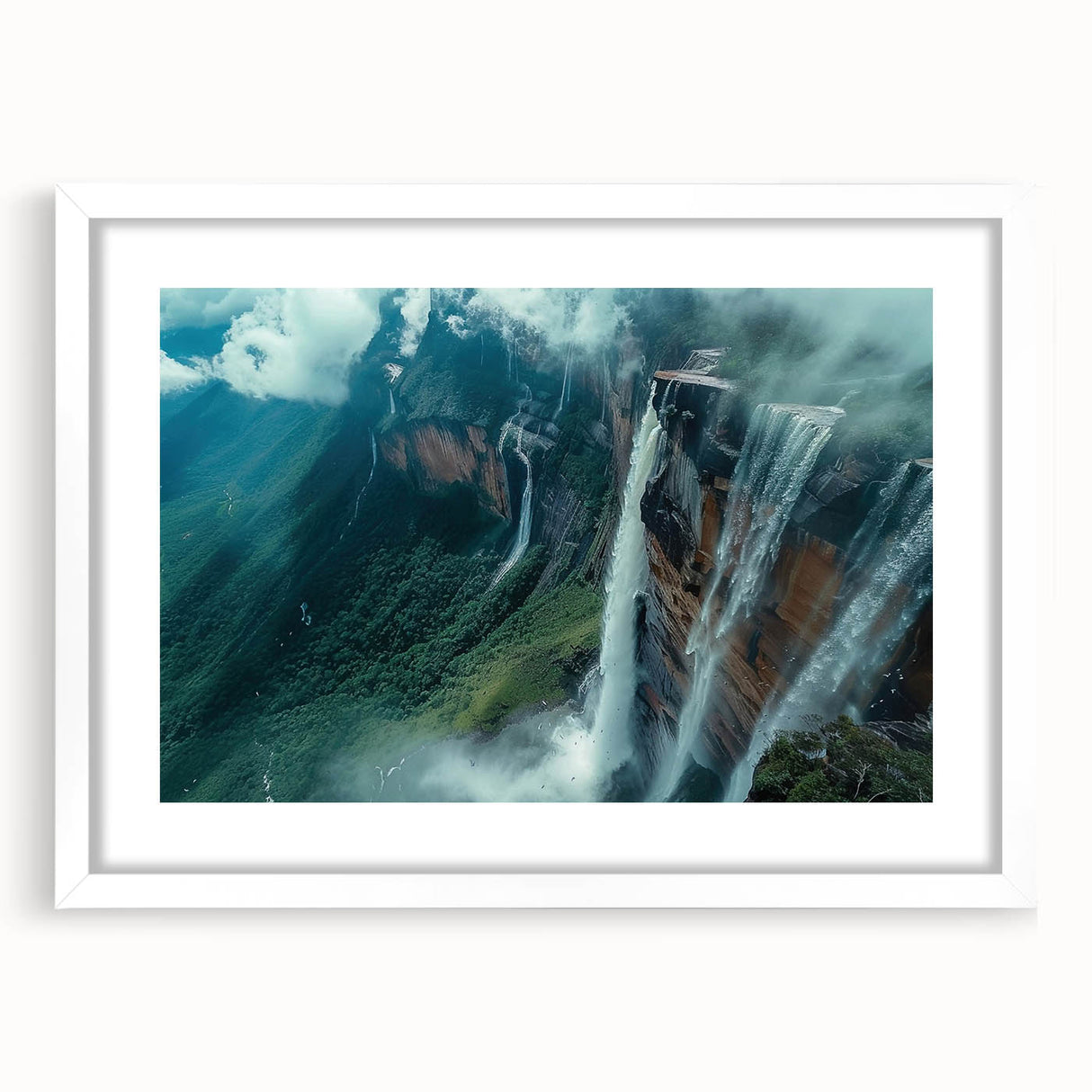 Abstract art print depicting a vibrant Venezuelan landscape in a white frame, ideal for dining room decor.