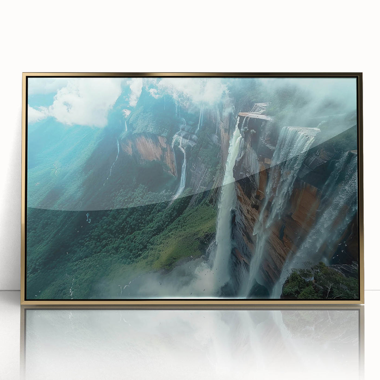 Framed acrylic print of a Venezuelan landscape in mid-century modernist style, featuring earth tones.