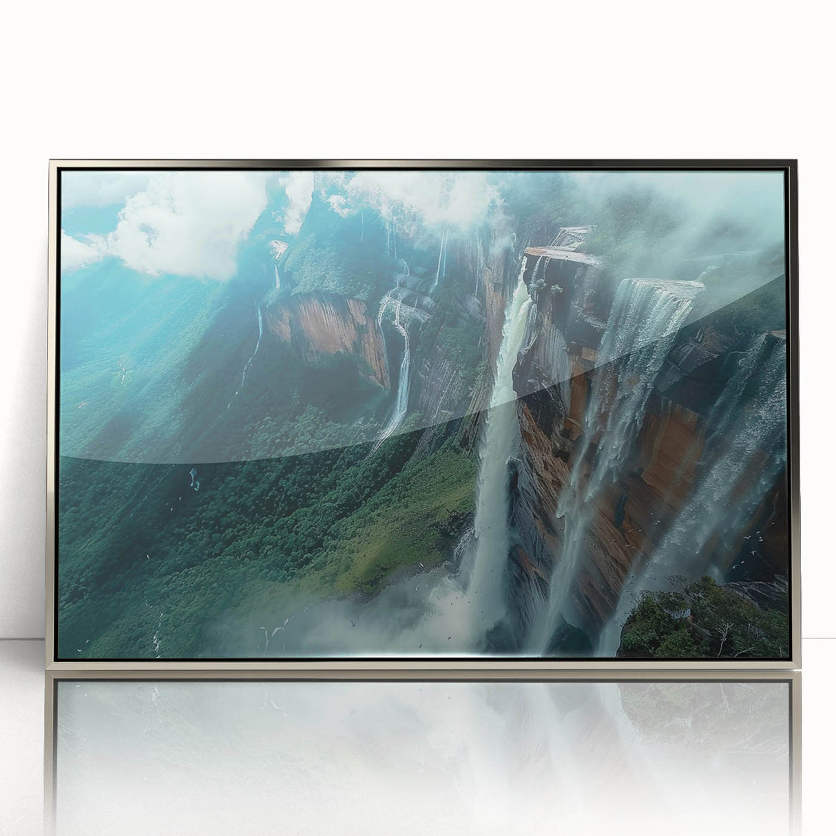 Mid-century modernist art depicting a Venezuelan landscape in muted earth tones on a silver-framed acrylic print.
