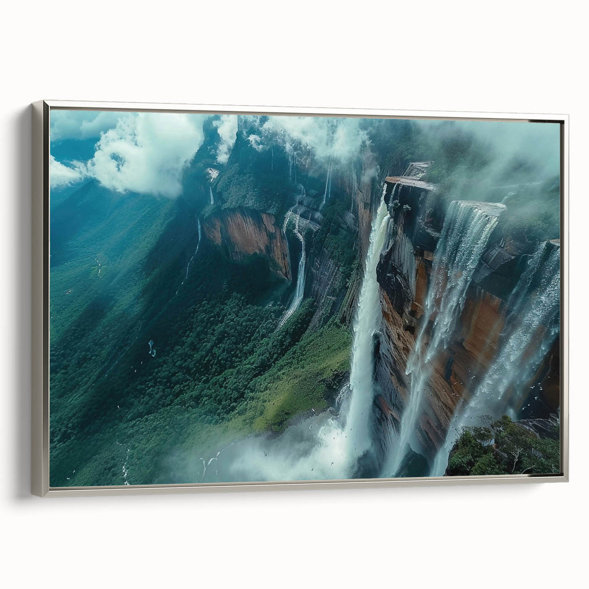 Framed canvas landscape art painting depicting a vibrant, colorful Venezuelan scenery, ideal for living room decor.