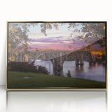 Mid-century modernist Alabama scenery on large framed acrylic, featuring gold and green tones, ideal for nursery wall art.