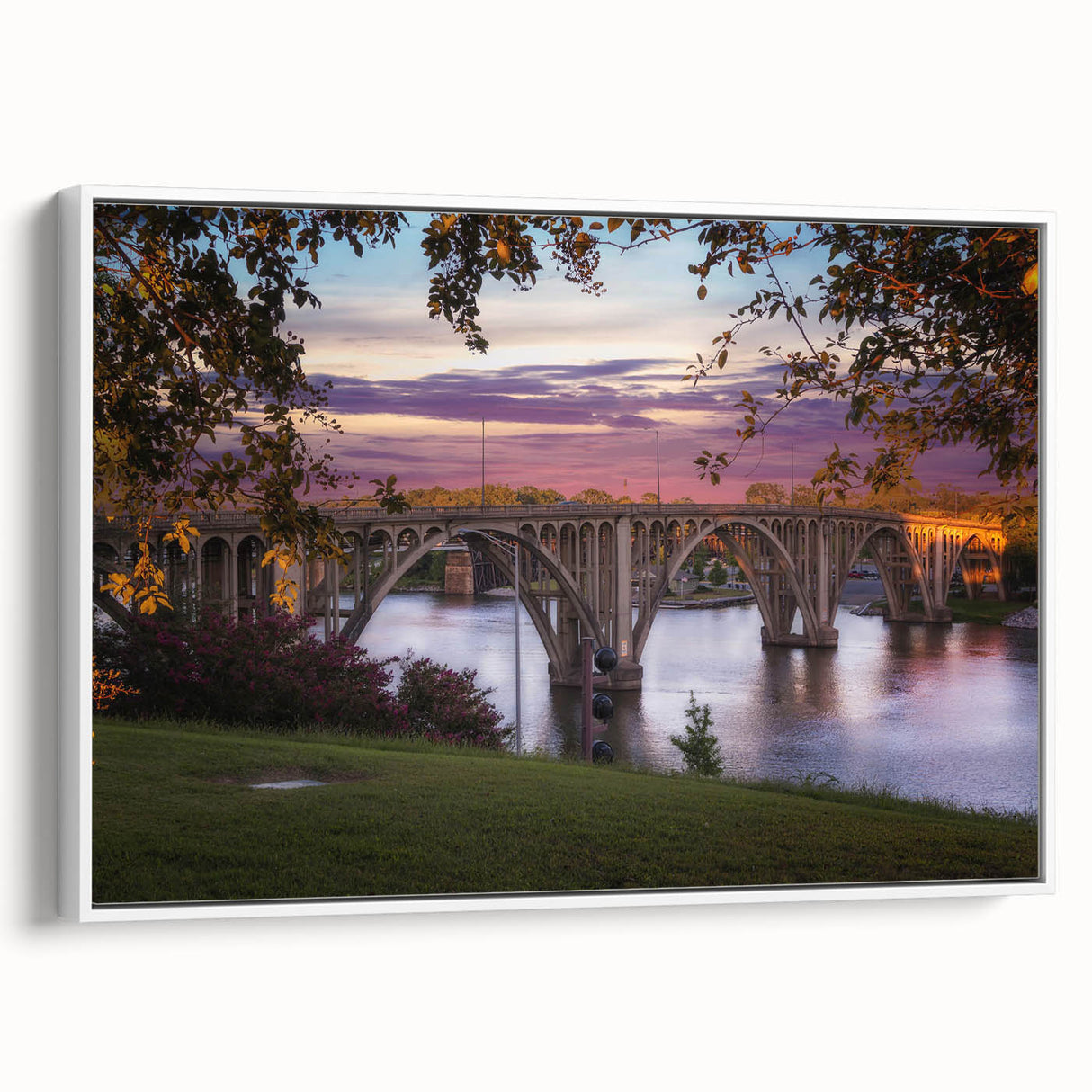 Vintage poster art of Alabama scenery in colorful hues on a white-framed canvas, ideal for living room decor.