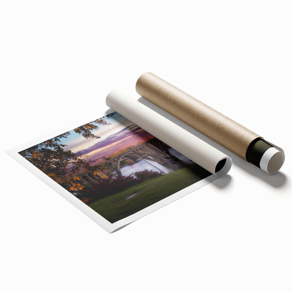 Extra large rolled print of Alabama scenery with vibrant floral elements, suitable as classy bathroom wall art.