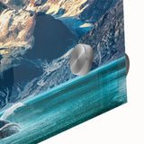 Large abstract depiction of Alaskan scenery in muted earth tones on acrylic glass, suitable for dining room art.