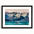 Abstract art print of vibrant Alaskan scenery in textured colors on a large framed canvas, suited for living room decor.