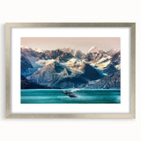 Textured abstract art print depicting an Alaskan landscape in cool blue tones, framed with a silver mat.