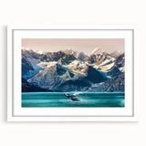 Abstract art print depicting a serene Alaskan landscape in muted blue and gray tones, framed in white.