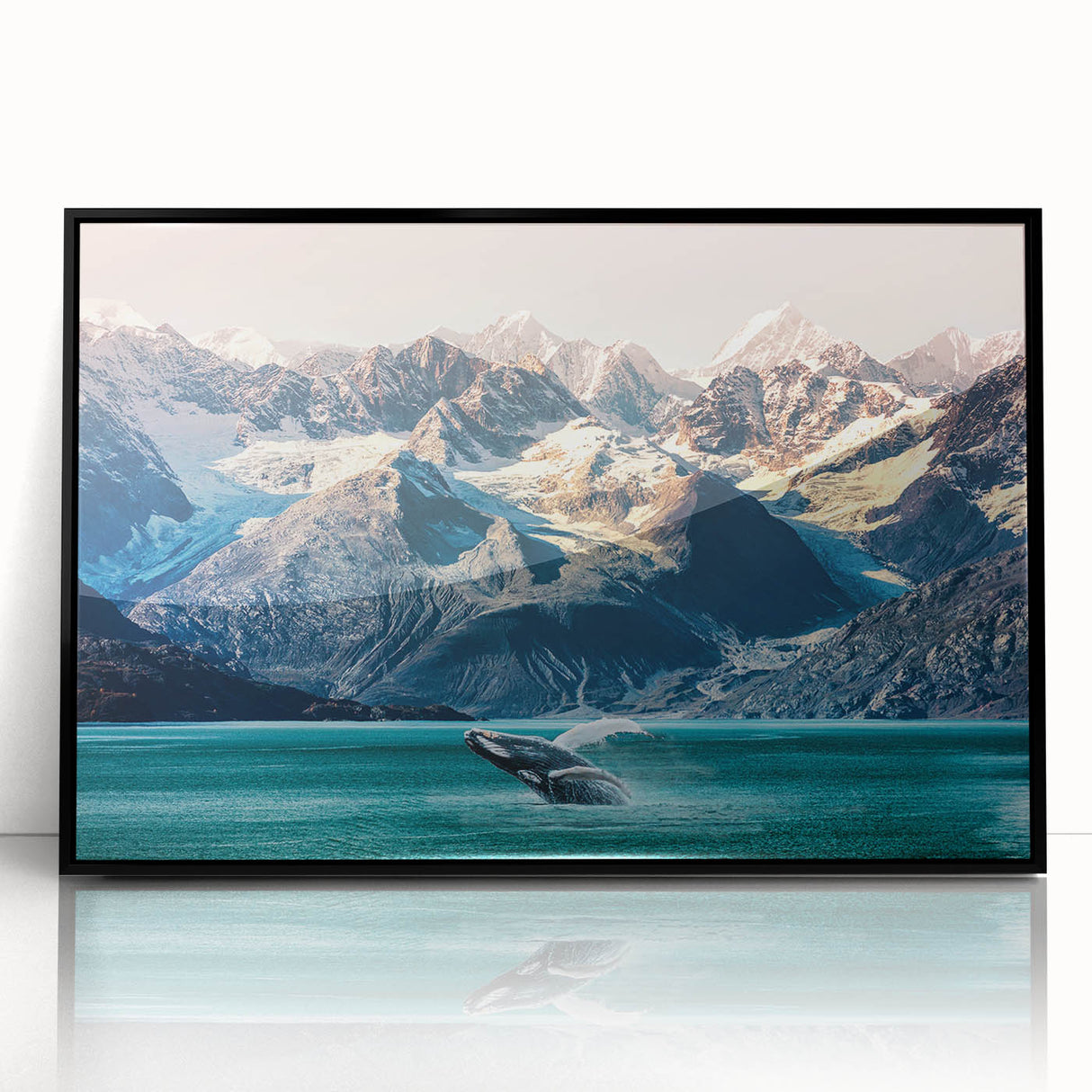 Large abstract wall art featuring a serene Alaskan landscape in muted earth tones, framed in black acrylic.