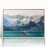 Acrylic print of an Alaskan landscape in muted blue and gray tones, framed in white.