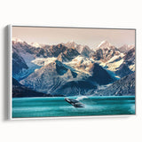 Vintage poster art of an Alaskan landscape in vibrant colors on a framed canvas, ideal for living room decor.