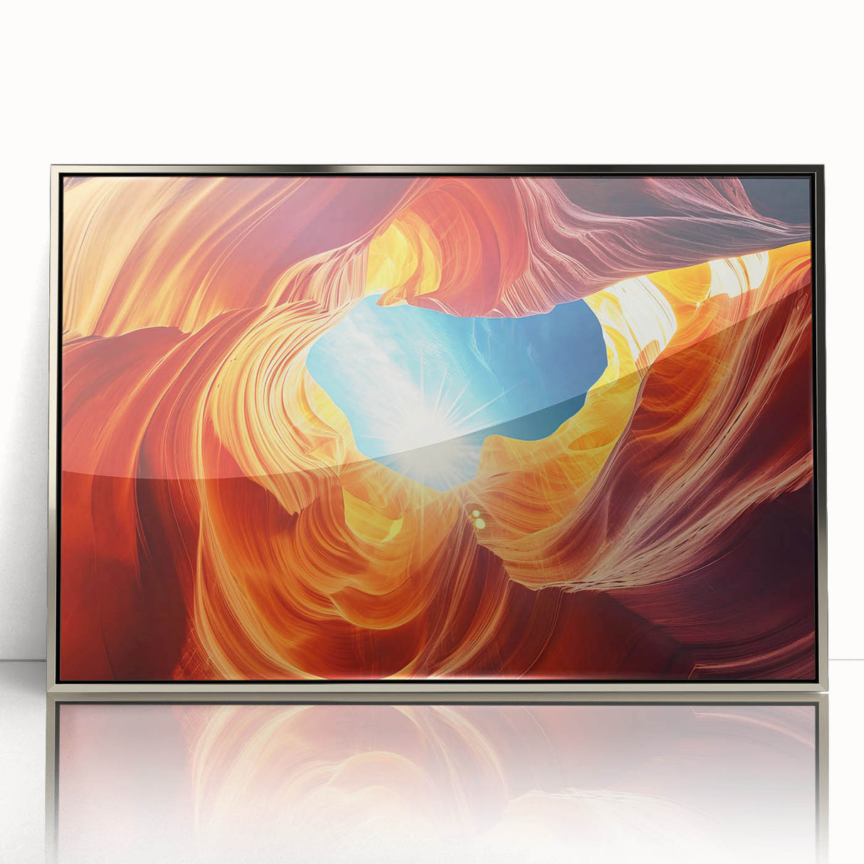 Mid-century modernist art of Antelope Canyon in Arizona on a framed acrylic print, with earthy red and orange tones.