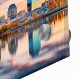 Large abstract wall art depicting a serene Arkansas landscape in muted green and blue tones on acrylic glass.