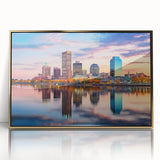 Large art print of Arkansas scenery in mid-century modernist style on framed acrylic, featuring earthy tones.