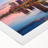 Art deco poster featuring a serene Arkansas landscape in muted green and blue tones on rolled canvas.