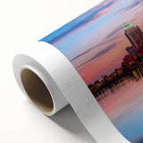 Art Deco style poster of Arkansas scenery on rolled canvas, featuring muted green and blue tones, ideal for nursery wall art.