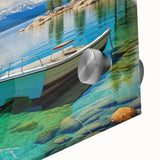 Large abstract depiction of Lake Tahoe in muted blues and greens on acrylic glass.