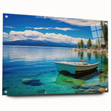 Acrylic print of Lake Tahoe with vibrant blue and green tones, ideal for dining room decor.