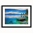 Extra large, textured abstract art print of Lake Tahoe in vibrant colors on a framed canvas, ideal for living room decor.
