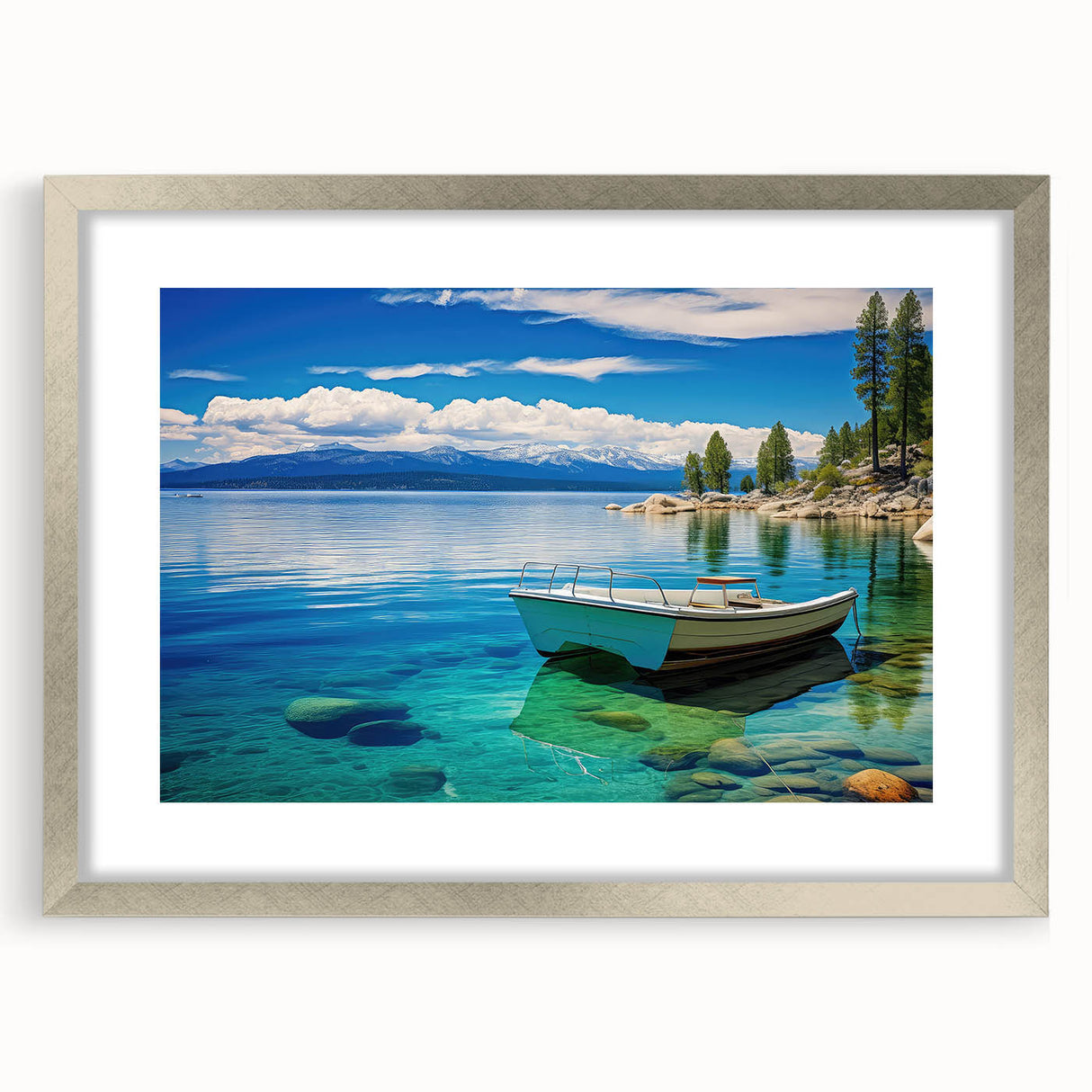 Textured abstract art print of Lake Tahoe in muted blue and gray tones, framed with a silver mat, ideal for bedroom art.