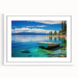 Abstract art print of Lake Tahoe in muted blue and green tones, framed in white, ideal for dining room decor.