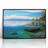 Large abstract wall art depicting Lake Tahoe in muted blues and greens on a framed acrylic.