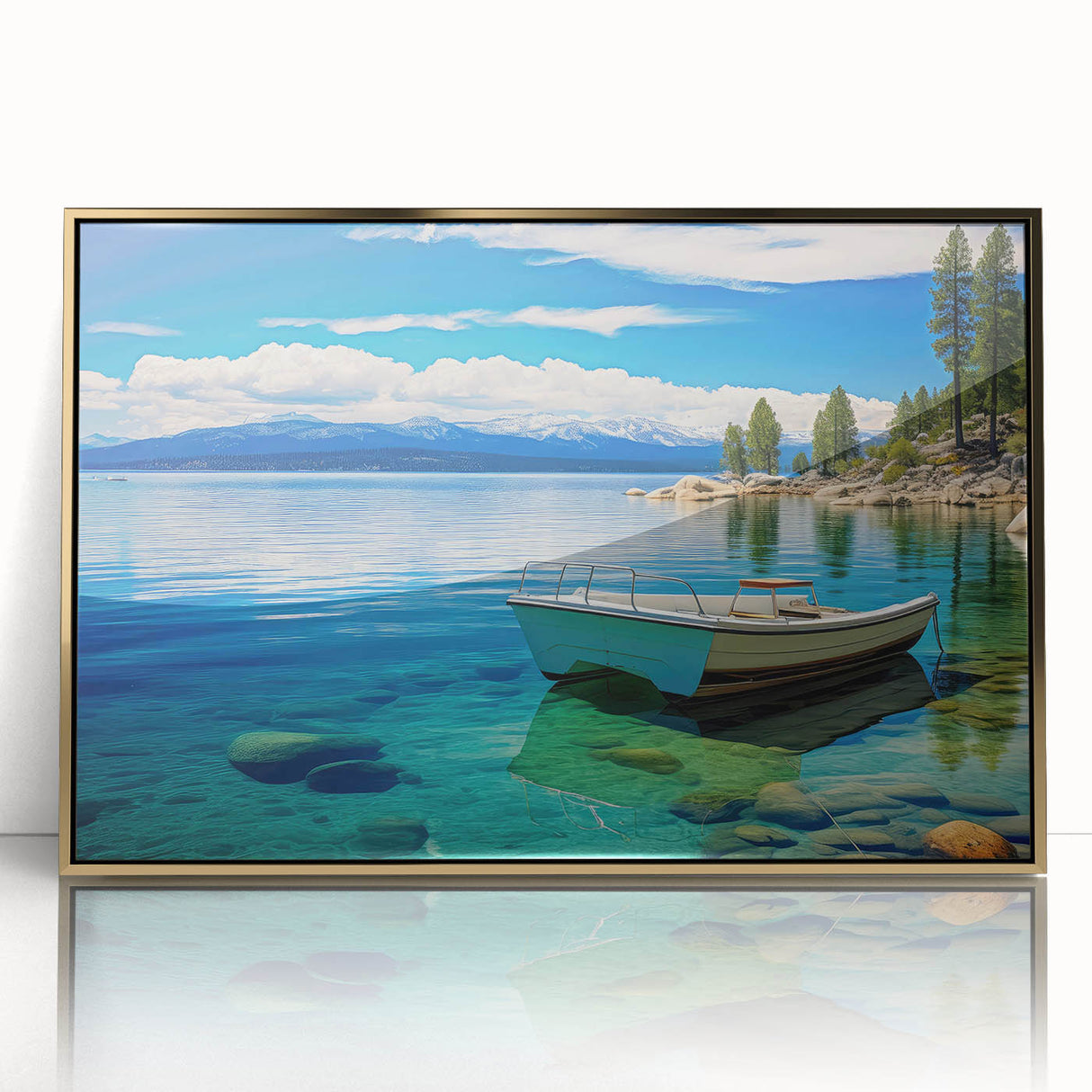 Large art print of Lake Tahoe with muted blue and green tones, framed in gold acrylic, in a mid-century modernist style.