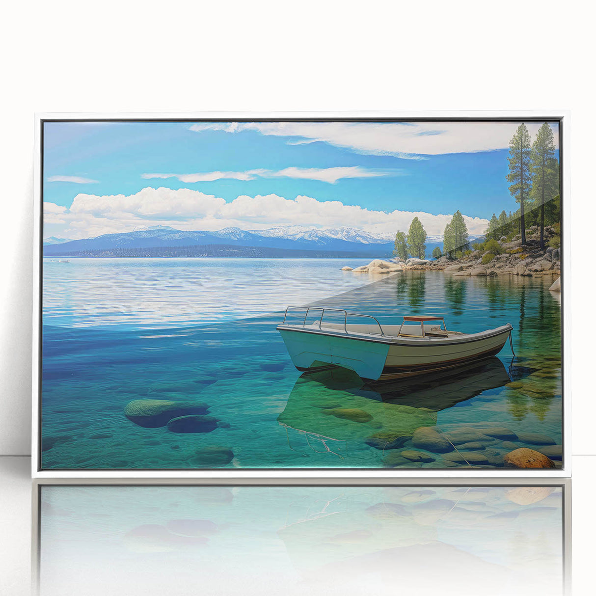 Art deco poster of Lake Tahoe in muted blues and greens on a framed acrylic, suitable for modern nursery decor.