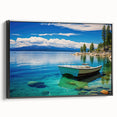 Black and white framed canvas featuring a vintage-style Lake Tahoe landscape, ideal for bedroom wall art.