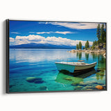 Black and white framed canvas featuring a vintage-style Lake Tahoe landscape, ideal for bedroom wall art.